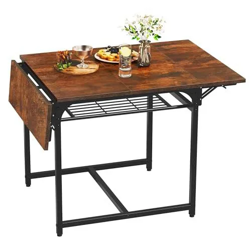 YITAHOME Mesa de Comedor Plegable, Mesa de Hoja de Gota Extensible con Estante de Almacenamiento y 4 Patas Ajustables
