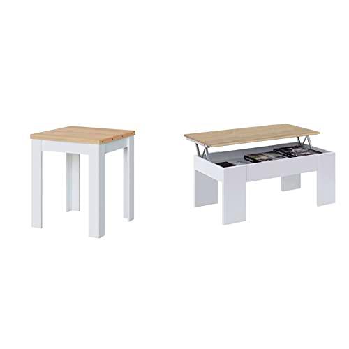 Habitdesign Mesa Auxiliar Extensible, Mesa Cocina, Acabado en Color Blanco Artik y Roble Canadian + Mesa de Centro Elevable