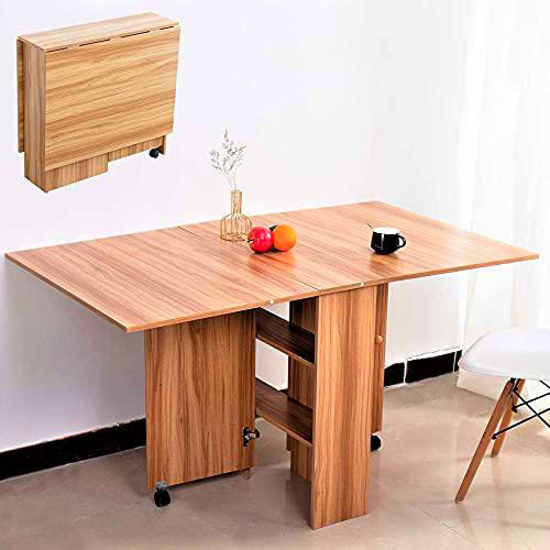 BAKAJI ZFT-2 Mesa de Comedor Plegable con Ruedas Estante Multifuncional para Comedor Salón Mesa Auxiliar 3 Formas Espacio Ahorrado Madera