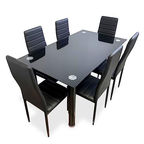 amuéblate online - Pack Mesa de Cristal de Comedor o Cocina + 6 Sillas Color Negro a Juego