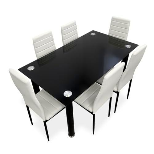 Homey - Pack Mesa de Cristal de Comedor o Cocina + 6 Sillas Color Blanco a Juego