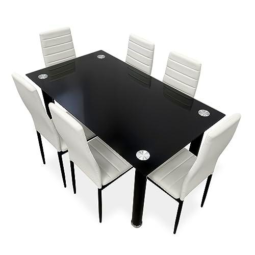 amuéblate online - Pack Mesa de Cristal de Comedor o Cocina + 6 Sillas Color Blanco a Juego