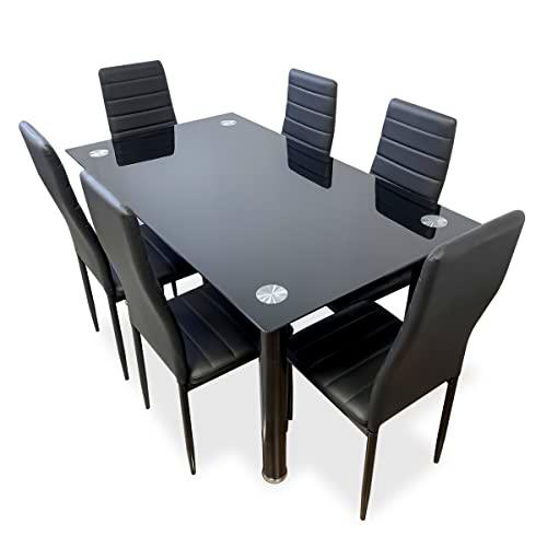 Homey - Pack Mesa de Cristal de Comedor o Cocina + 6 Sillas Color Negro a Juego