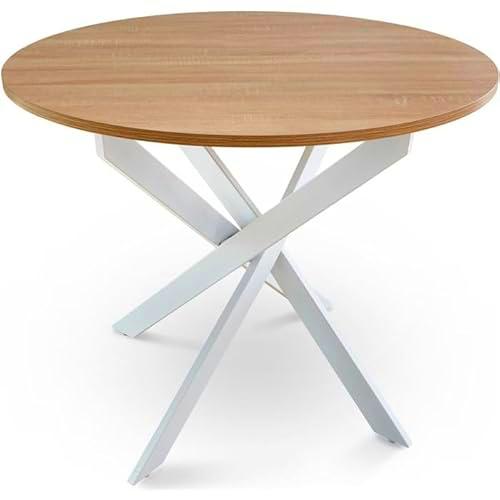Shiito | Modelo Bolton JC - Mesa de Comedor Redonda | Madera de Roble con Patas Cruzadas Blancas | 90 x 75 cm
