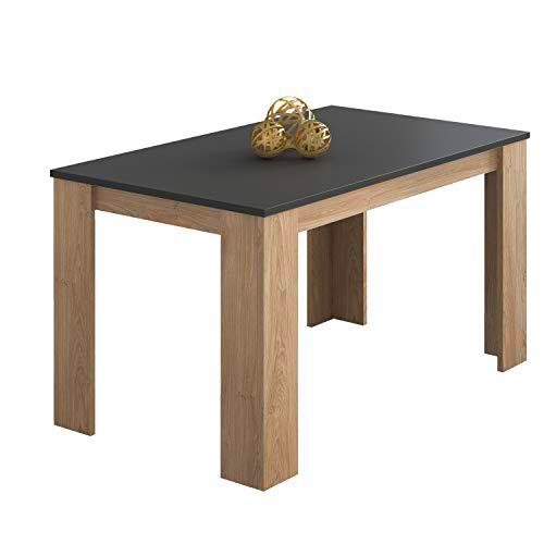 duehome | Mesa Comedor, Mesa Fija, Modelo Berta, Acabado Color Roble y Grafito