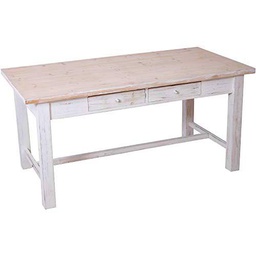 DRW Mesa de Cocina Comedor con 4 cajones de Madera en Blanco decape y Beige Estilo Vintage 160x80x76,5cm