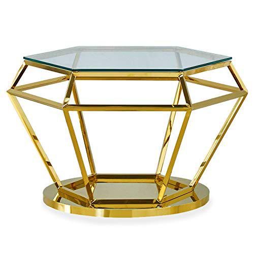 Menzzo Aston - Mesa, Acero Inoxidable, Cristal, Dorado