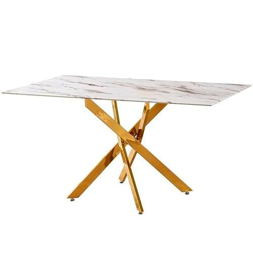 Mesa de Comedor de Cristal y marmol Artificial y Patas de Metal en Dorado Blanco y Negro 76x150x90 cm