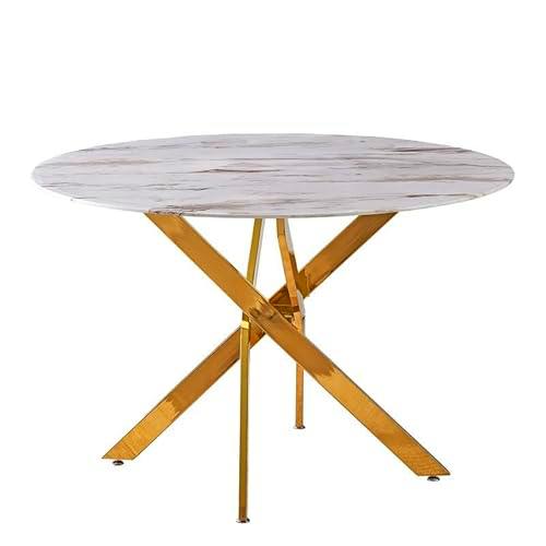 Mesa de Comedor de Cristal y marmol Artificial y Patas de Metal en Dorado Blanco y Negro 75x120x120 cm