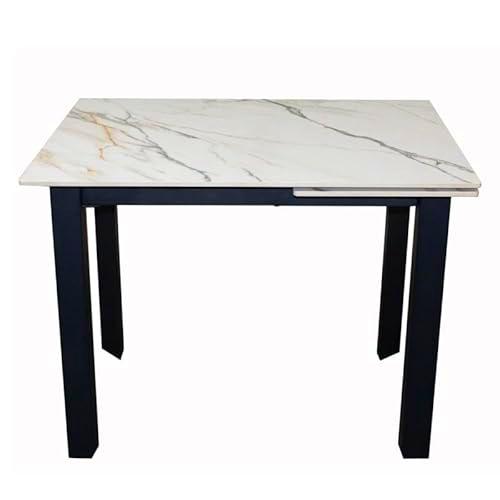 DRW Mesa Comedor Extensible de Metal y Piedra sinterizada en Negro y Blanco 75x140x80 cm