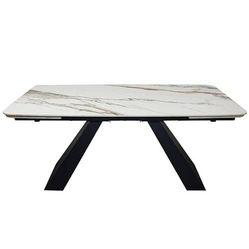 DRW Mesa Comedor Extensible con Forma de Metal y Piedra sinterizada en Negro y Blanco 75x260x100 cm