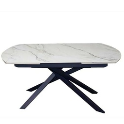 DRW Mesa Comedor Extensible con Forma de Metal y Piedra sinterizada en Negro y Blanco 75x240x90 cm