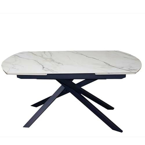 DRW Mesa Comedor Extensible con Forma de Metal y Piedra sinterizada en Negro y Blanco 75x240x90 cm