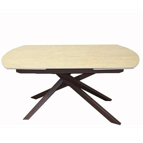 DRW Mesa Comedor Extensible con Forma de Metal y Piedra sinterizada en Marron y Beige 75x240x90 cm