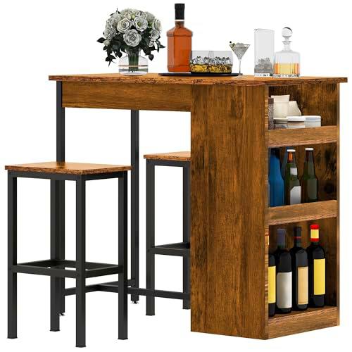 DWVO Barra de Desayuno, Mesa de Bar con 2 taburetes y Estante de Almacenamiento