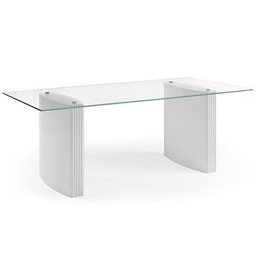 DRW Mesa de Comedor de Madera y Cristal en Blanco Lacado y Transparente 180x100x76 cm