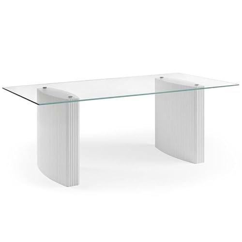 DRW Mesa de Comedor de Madera y Cristal en Blanco Lacado y Transparente 180x100x76 cm