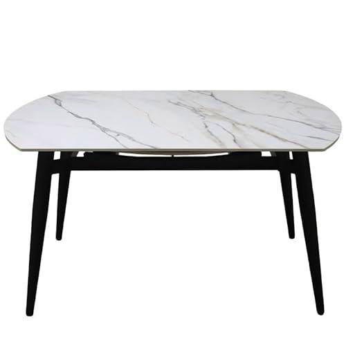 DRW Mesa Comedor Extensible con Forma de Metal y Piedra sinterizada en Negro y Blanco 75x135x85 cm