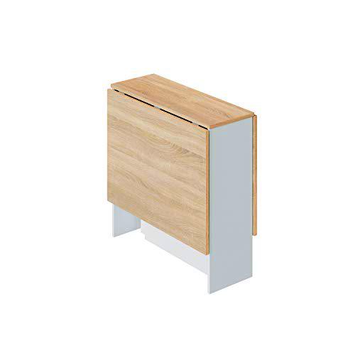 Mesa Auxiliar con Alas Abatibles, Mesa Cocina, Acabado en Color Blanco Artik y Roble Canadian